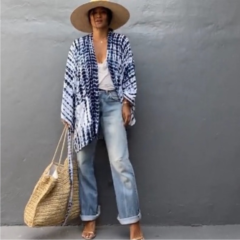 Style Park 1 Indigo Blue/White Tie Dye Kimono w/Pockets OS